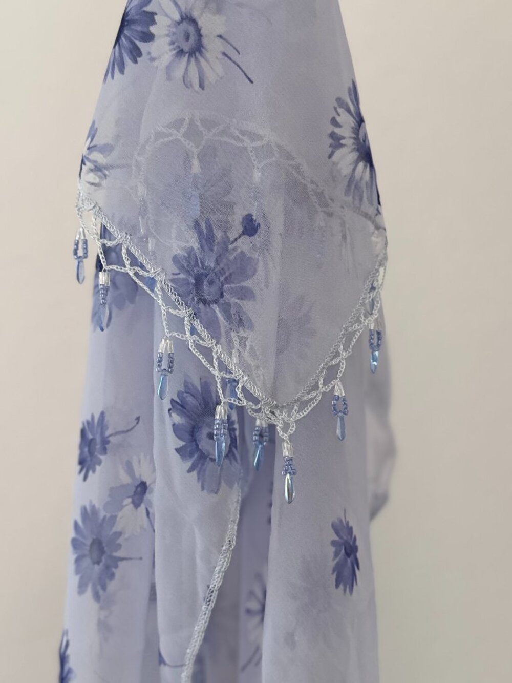 Vintage Blue Floral Chiffon Scarf Beaded Lace Trim Headscarf Cottagecore 28x28